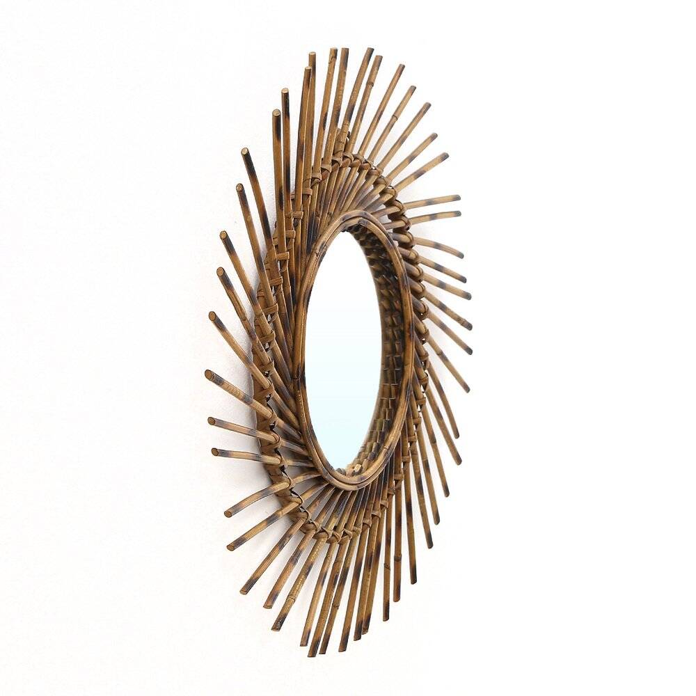 Round Sun Mirror in Rattan, 1960s