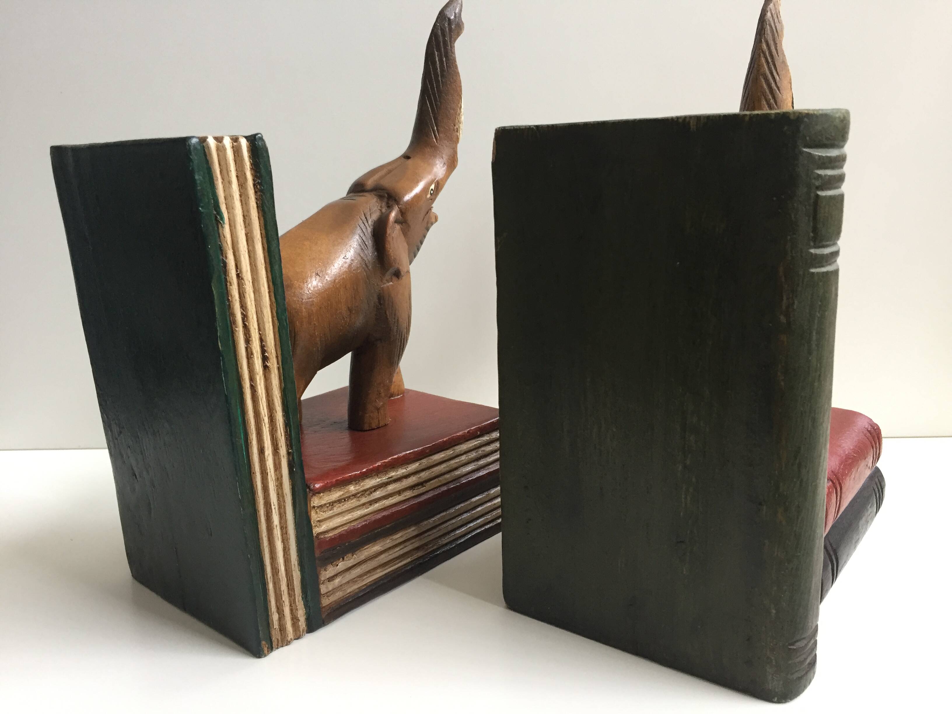 Pair of vintage carved wooden elephant bookends