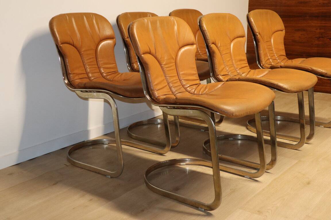 Series of 6 vintage Cidue Italy chairs in leather and metal, 1970s