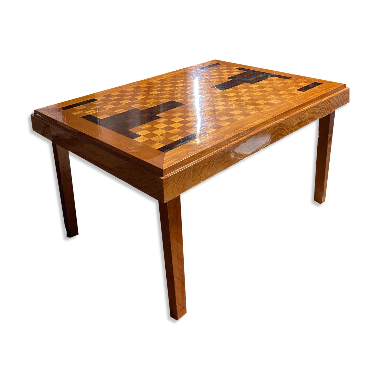 Restored art deco table in sycamore and rosewood 1.04mx1.43m +extensions l2.45m, 14 seats