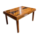 Restored art deco table in sycamore and rosewood 1.04mx1.43m +extensions l2.45m, 14 seats