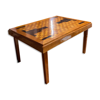 Restored art deco table in sycamore and rosewood 1.04mx1.43m +extensions l2.45m, 14 seats