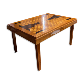 Table art deco restaurée en sycomore et palissandre 1.04mx1.43m +rallonges l2.45m, 14 couverts