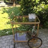 Serving wheels in gold metal & glass vintage 1960