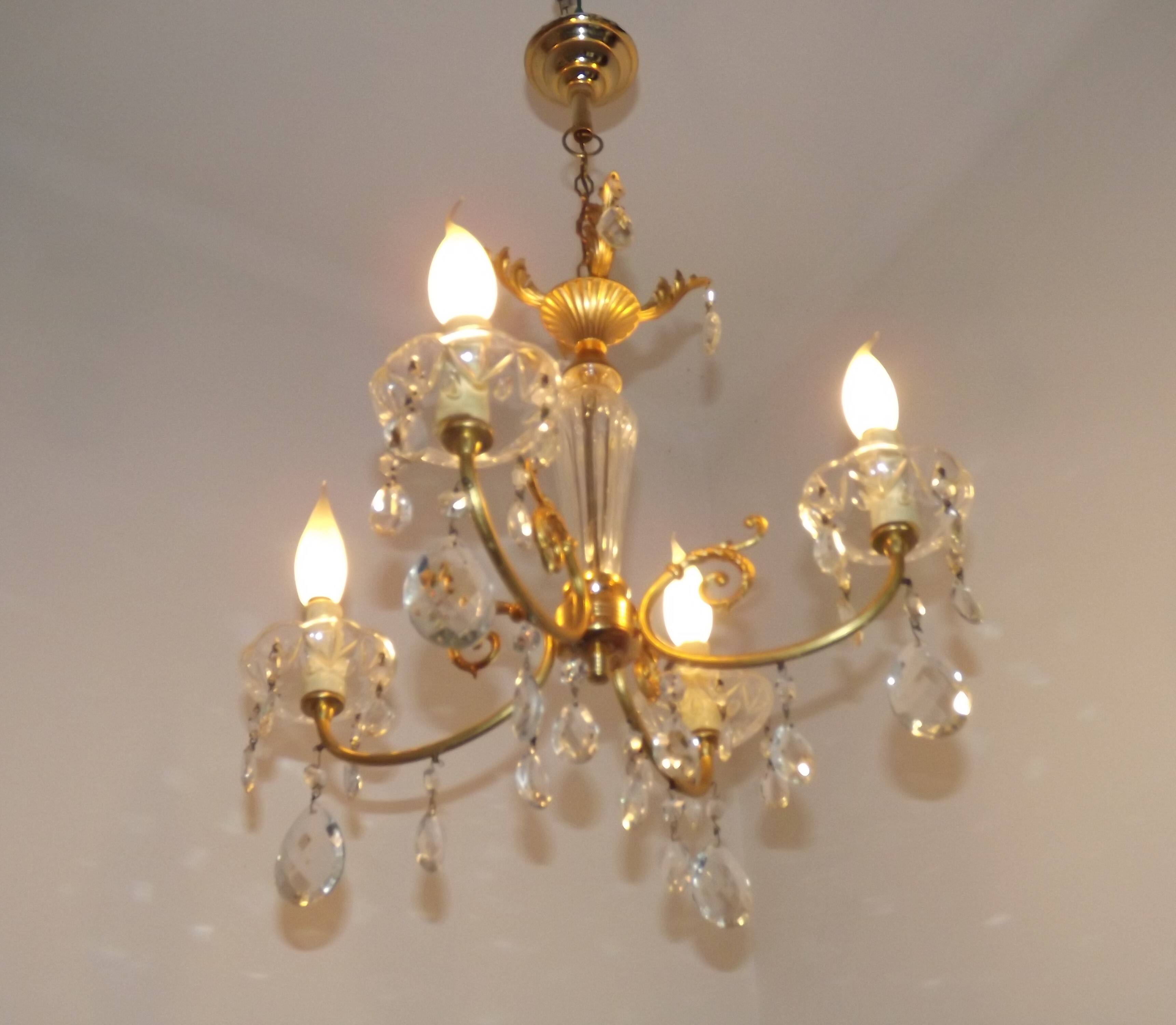 Mid-century brass, glass, and crystal chandelier with 4 lights 5099