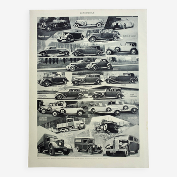 Gravure ancienne 1928, Automobile, modèles, voiture ancienne • Lithographie, Planche originale