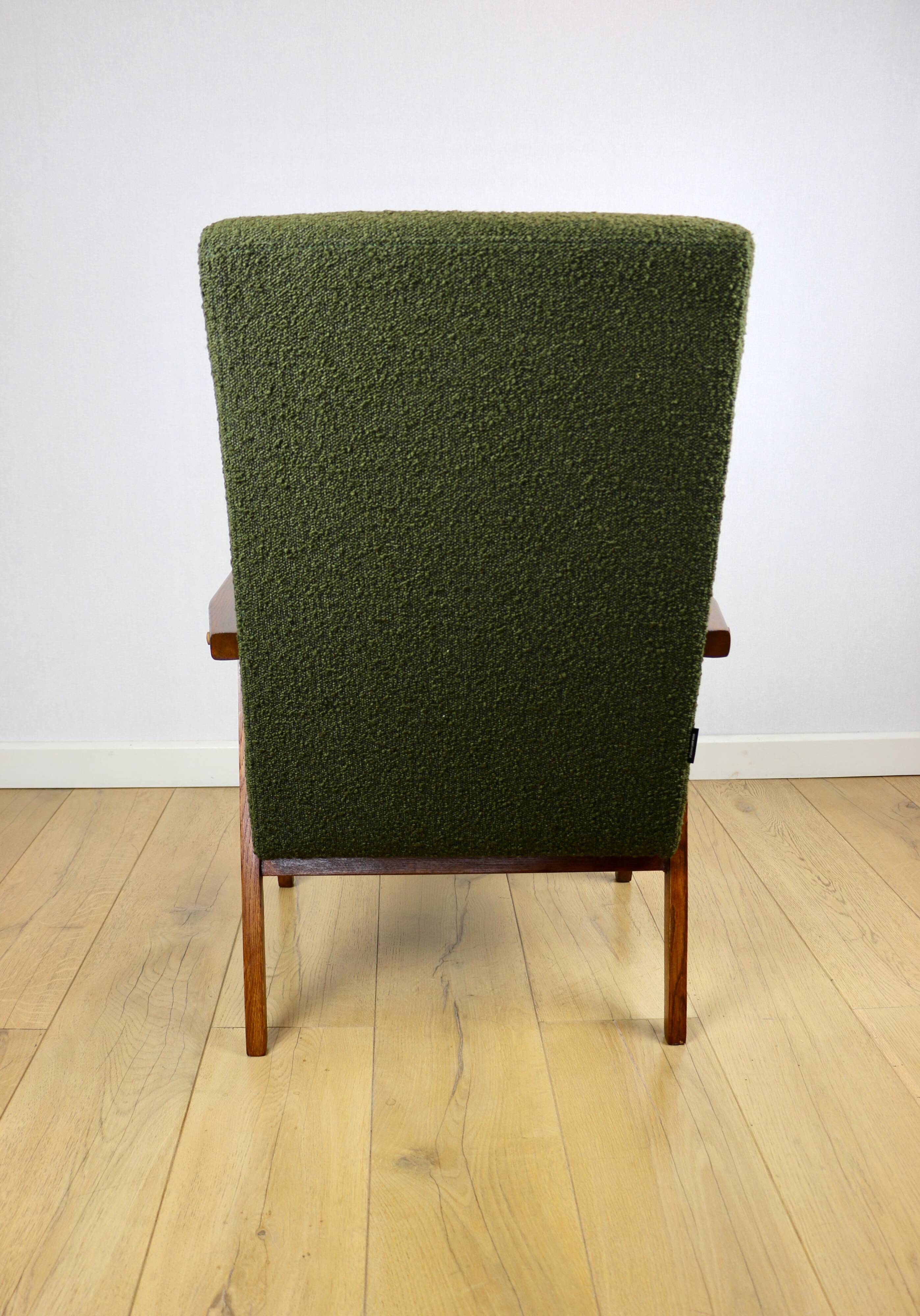 Fauteuil design vintage loft vert olive bouclé haut