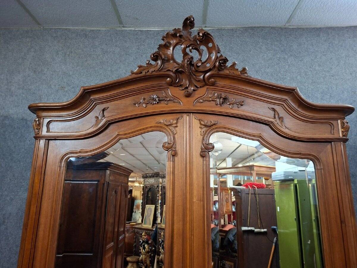 antique walnut carved wardrobe – Louis XV style – mirror doors – 19th century