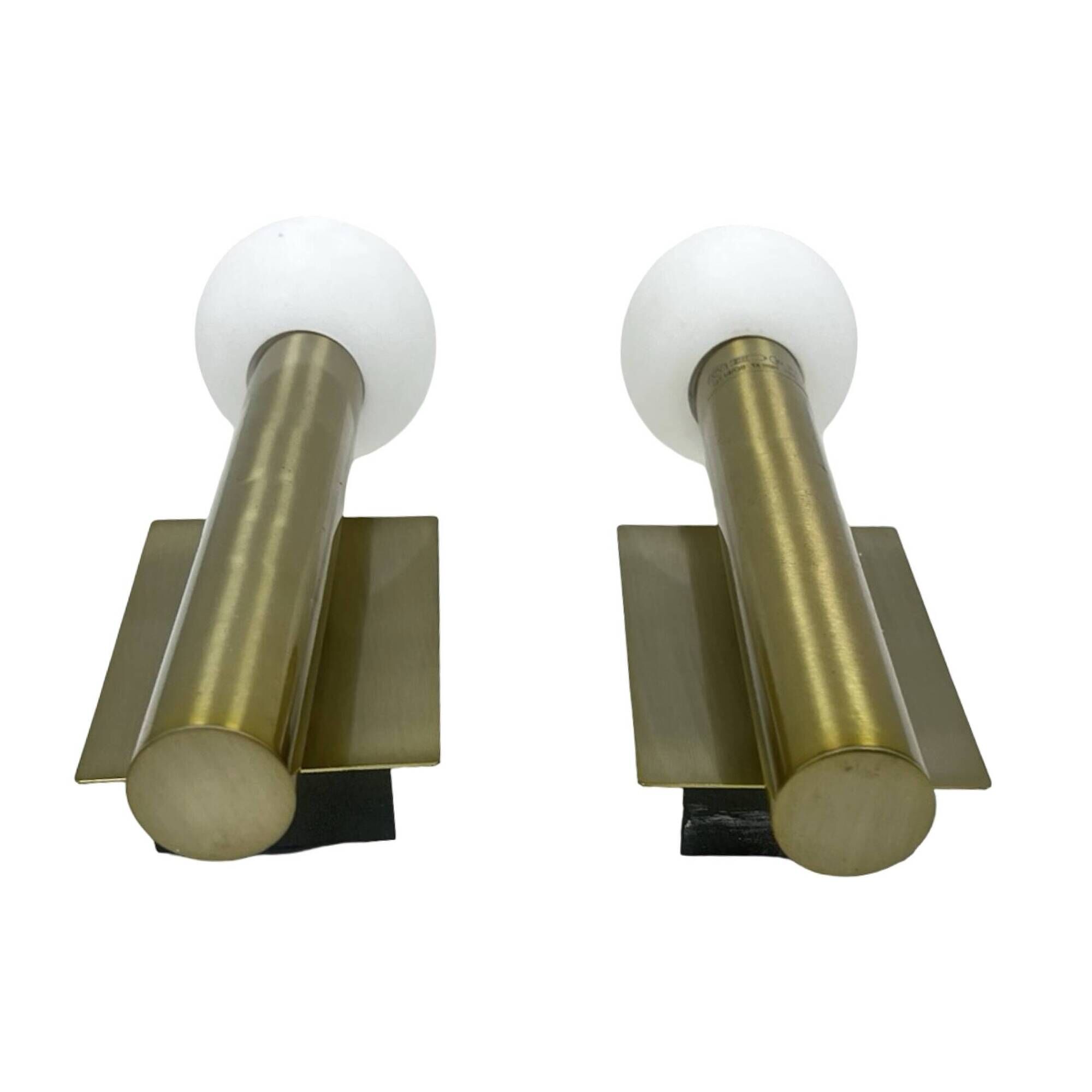 Pair of Lucky Brilliant wall sconces, brass and white globes, Art Deco styl