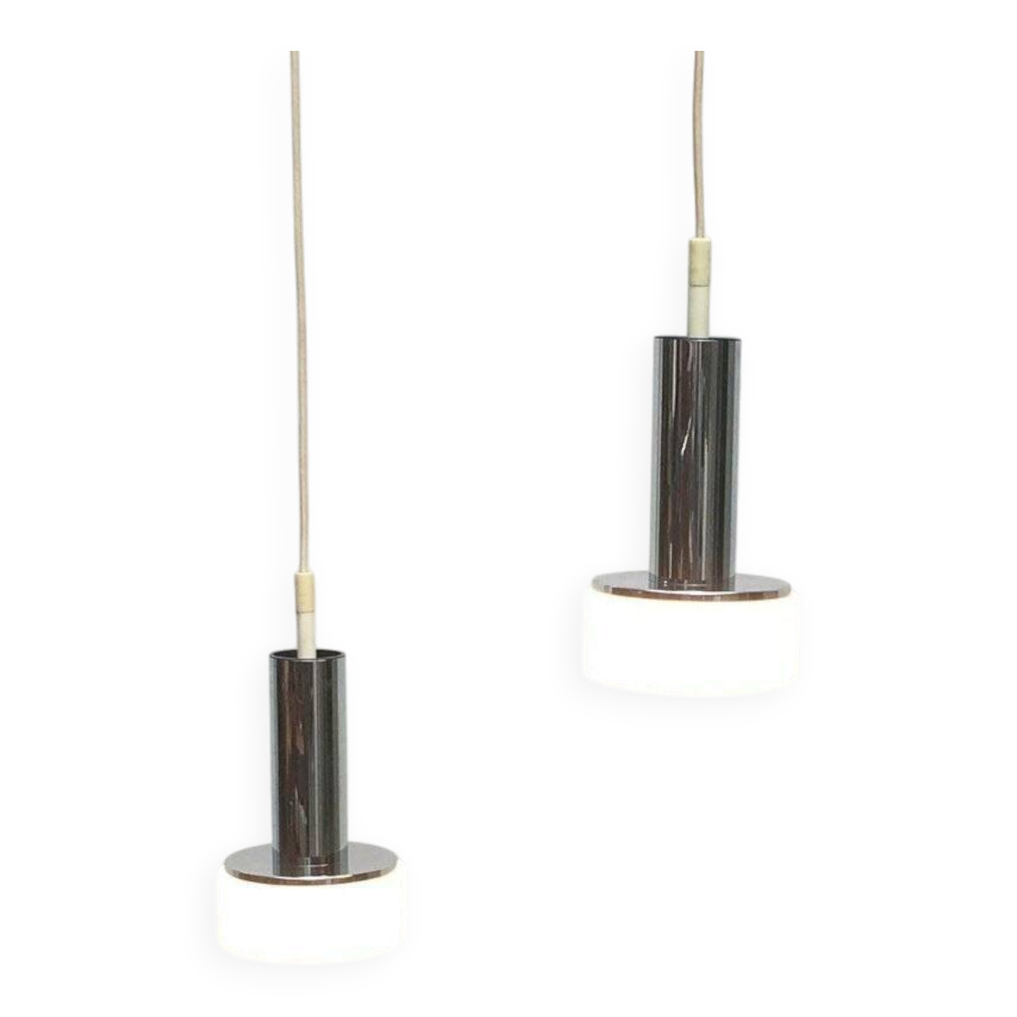 Suspended glass and chrome lamps model P105 German Mid-Century Space Age from the 1960s by Staff, set of 2.