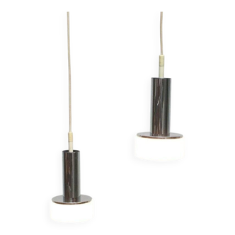 Suspended glass and chrome lamps model P105 German Mid-Century Space Age from the 1960s by Staff, set of 2.