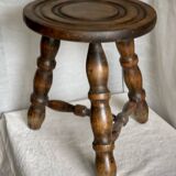 Vintage 1950-60s turned wood tripod stool with crossbar