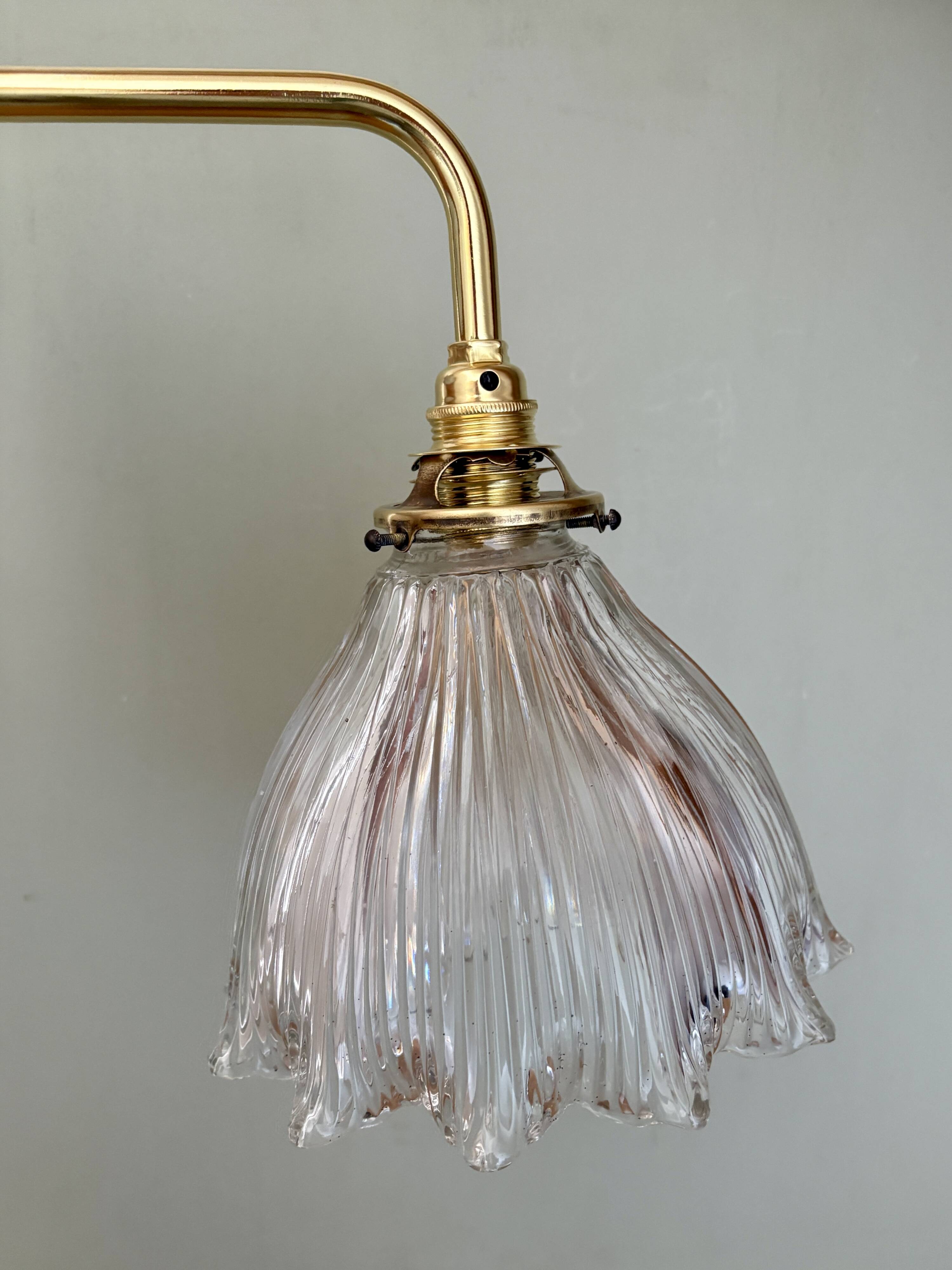 Elbow wall lamp with vintage holophane glass shade