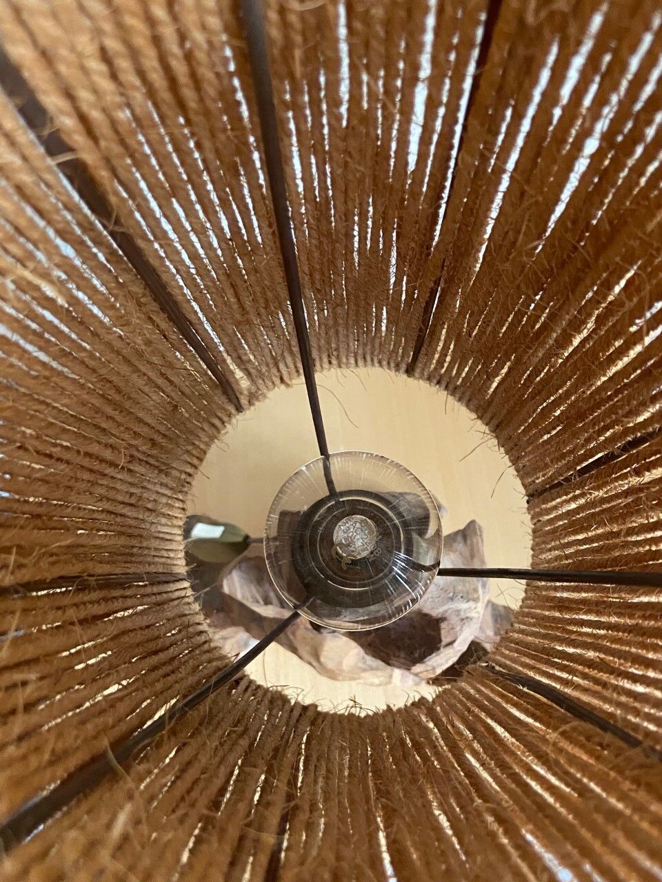 Brutalist style lamp, raw wood and rope