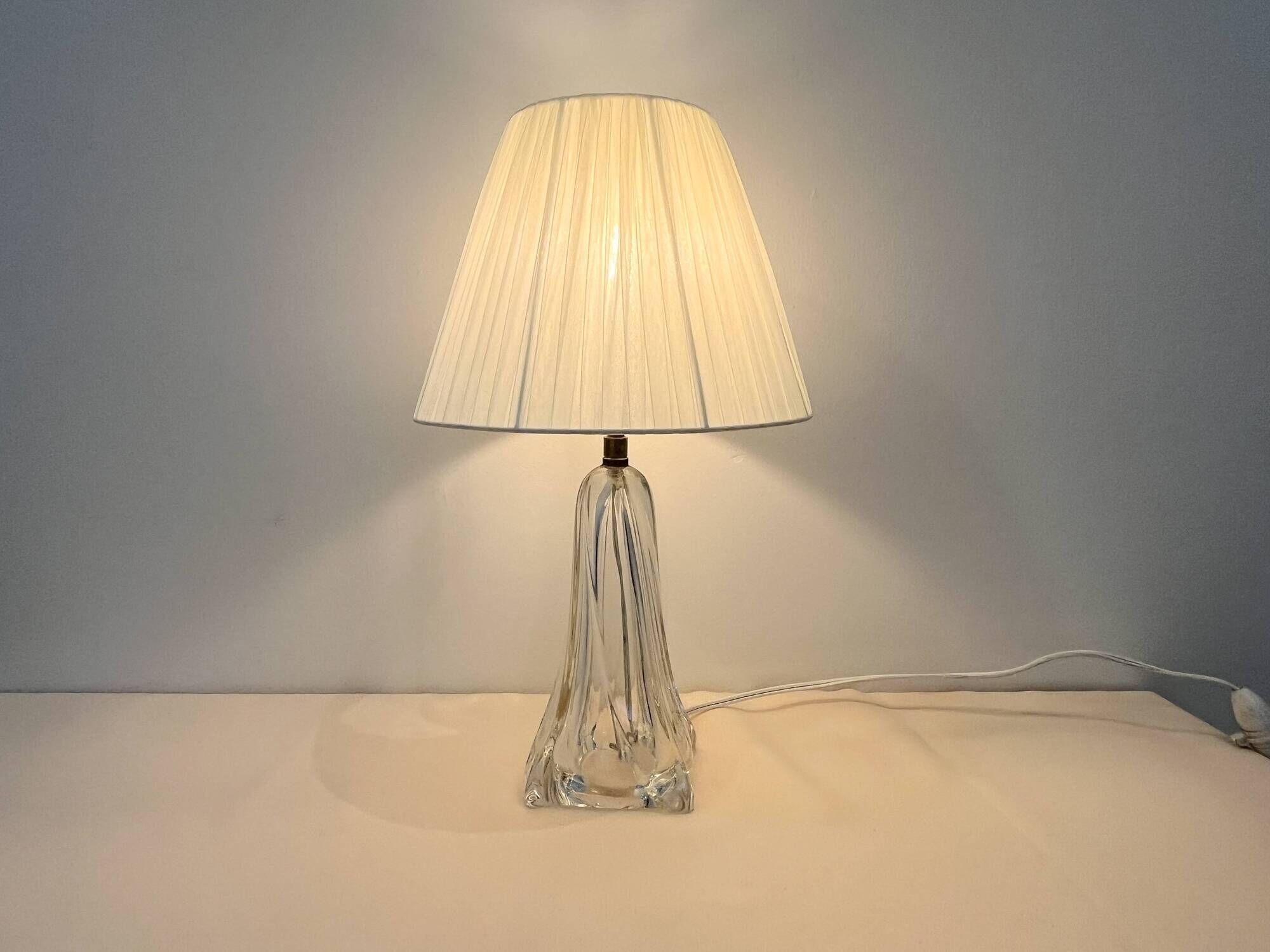 Vintage daum france 1960 crystal lamp base with pleated shade
