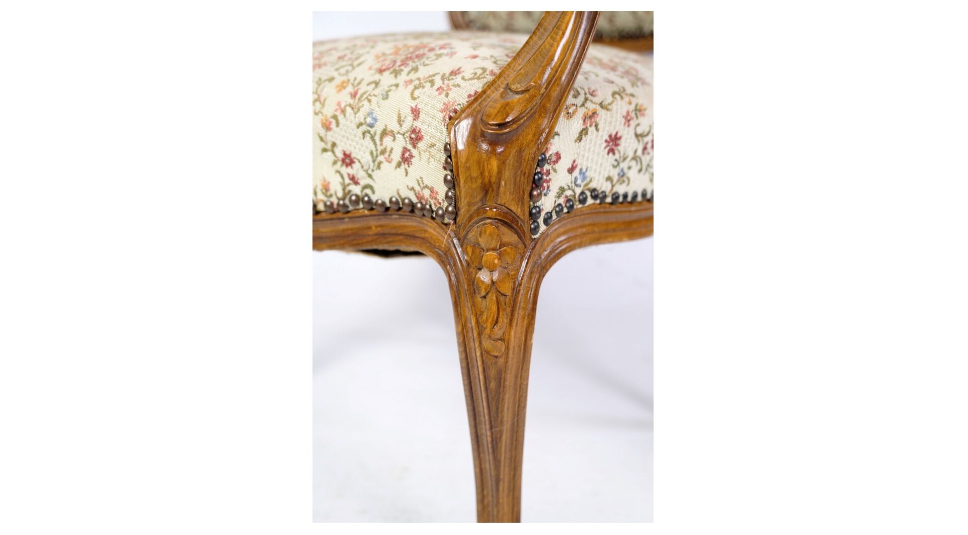 Pair of Neo-Rococo Armchairs with Decorated Fabric in Light Wood