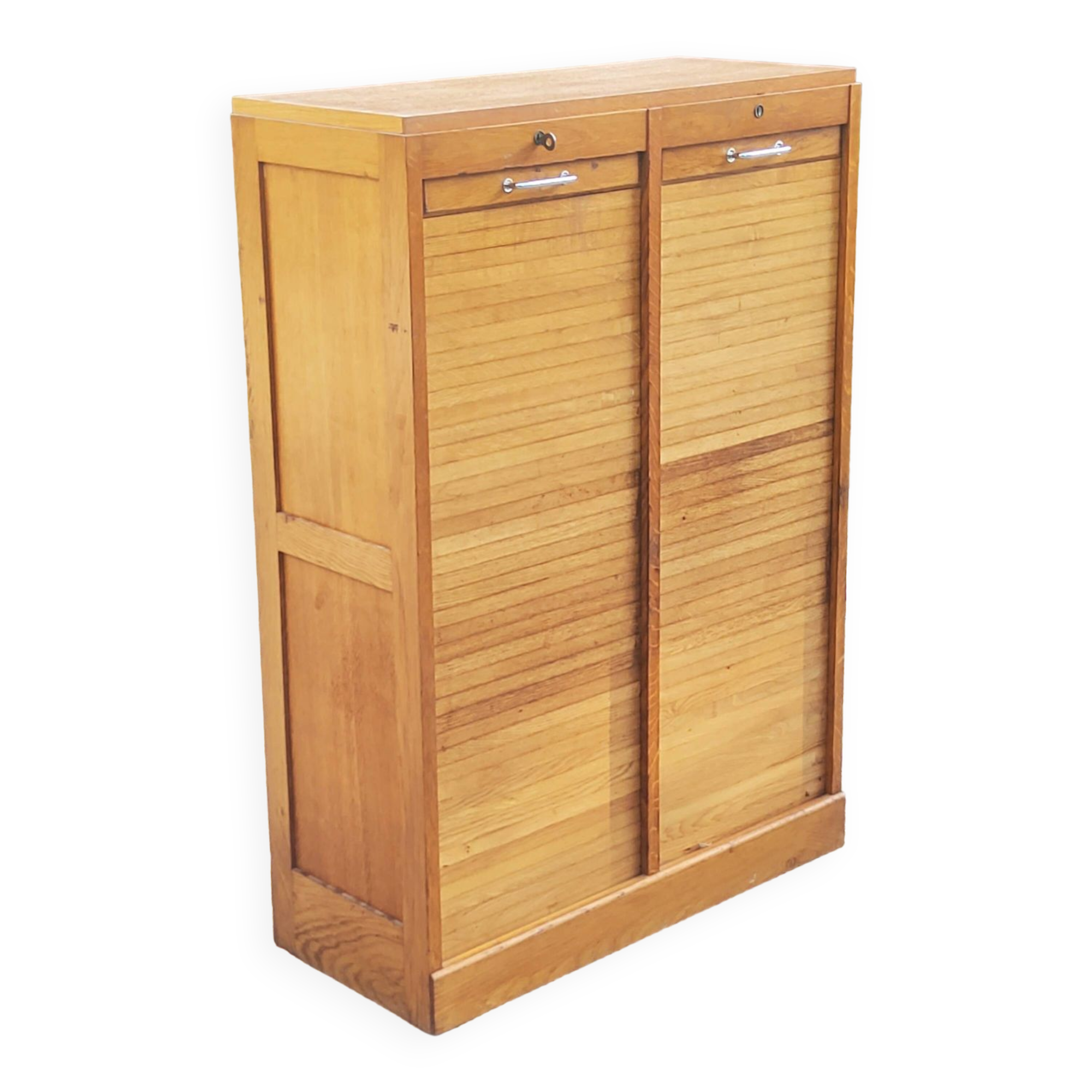 Curtained filing cabinet in golden blond oak 2 columns from the 1950s