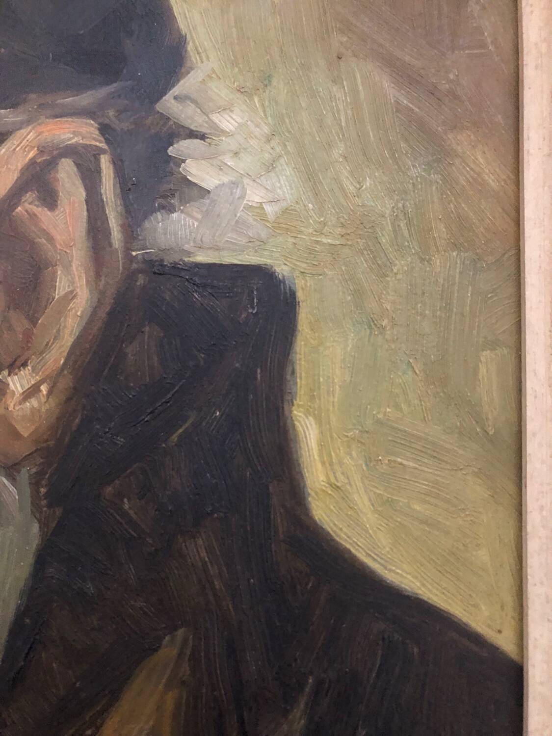 Oil on panel portrait of elderly man with pipe signed