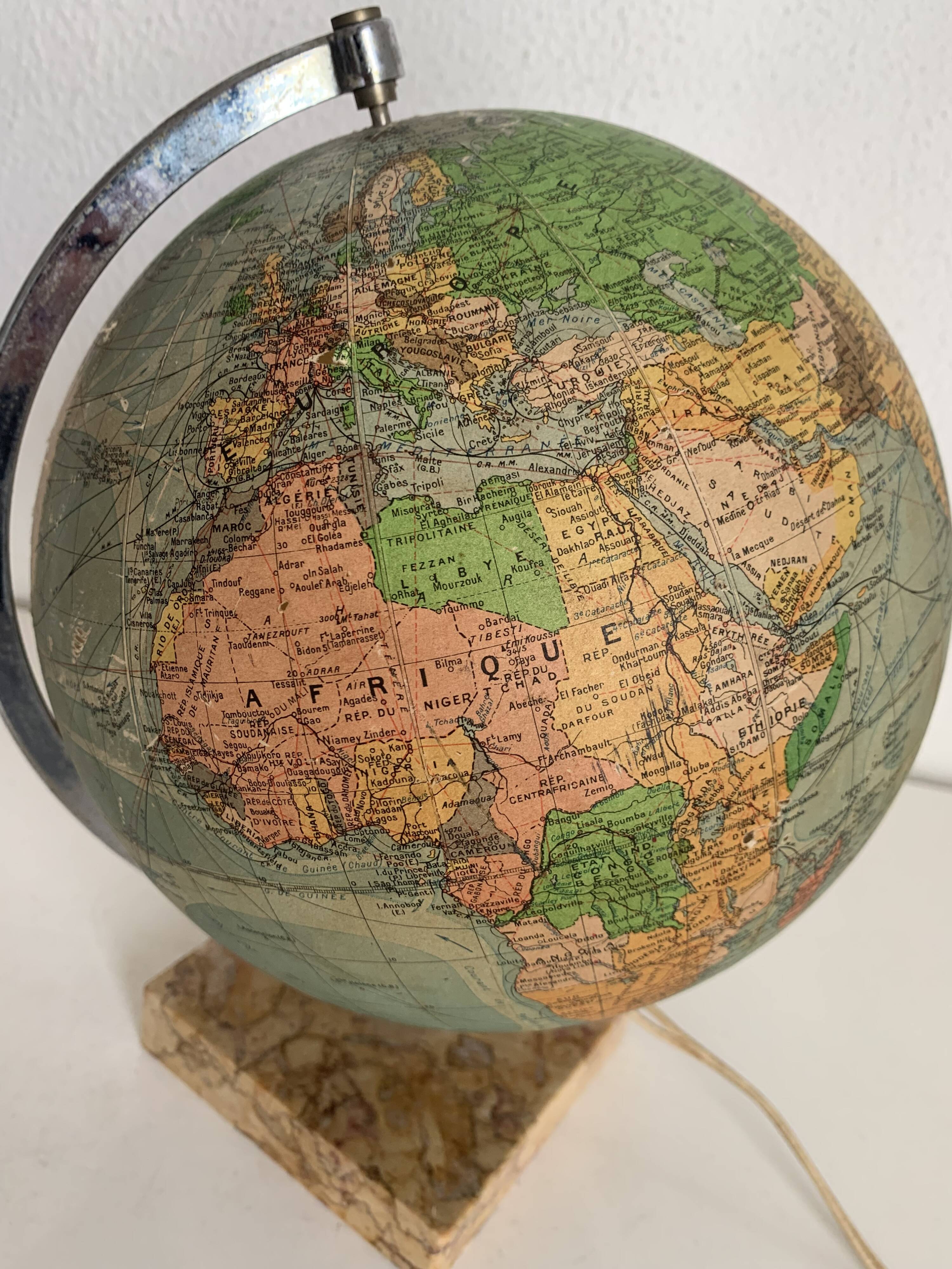 Vintage 1960 terrestrial globe glass Perrina marble world map - 28 cm