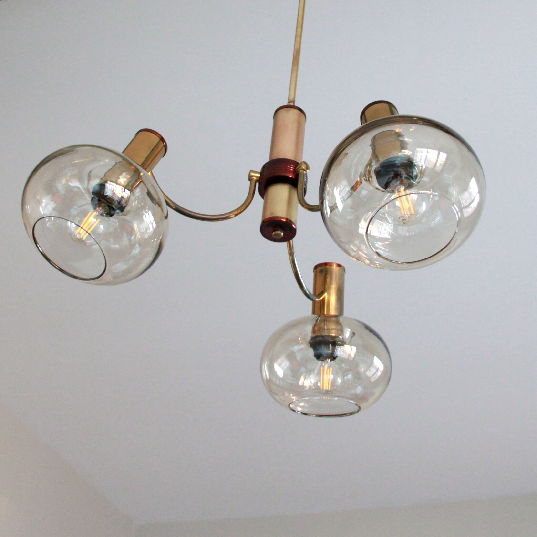 Chandelier 1970 brass gilded globes smoked glass italian