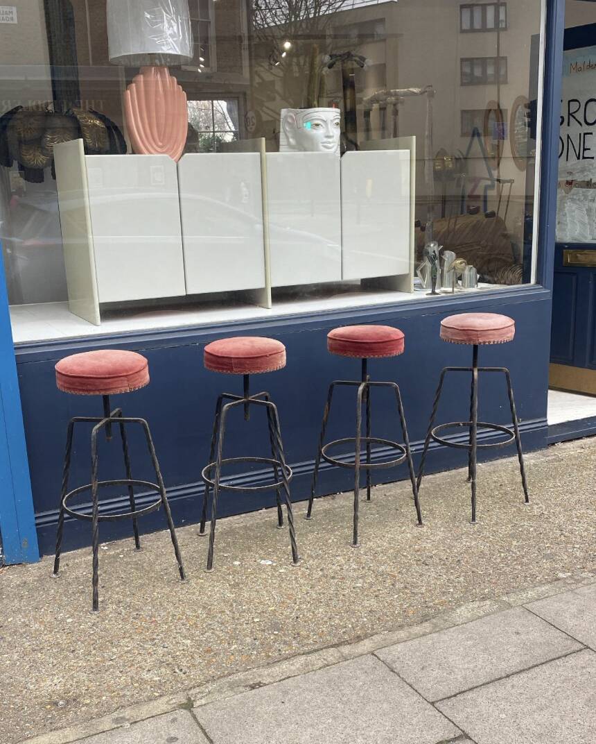 Pair Maroon Boucle Iron Swivel Bar Stools Midcentury Italian Vintage 1950s