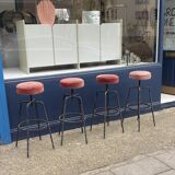 Pair Maroon Boucle Iron Swivel Bar Stools Midcentury Italian Vintage 1950s