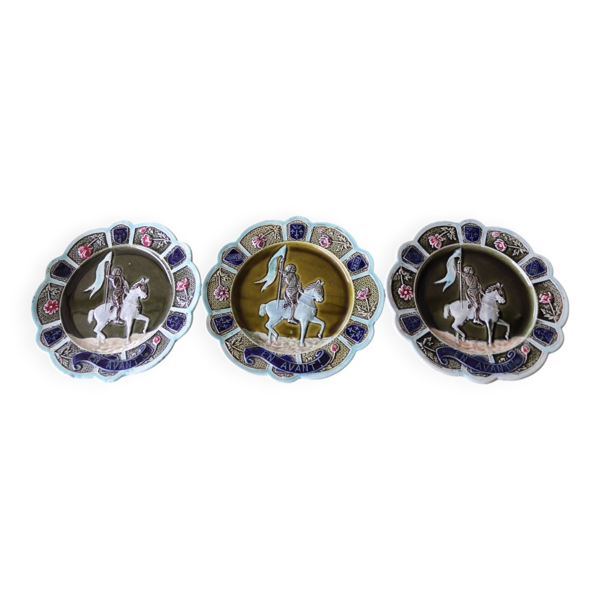 3 antique barbotine plates featuring Joan of Arc "En Avant"