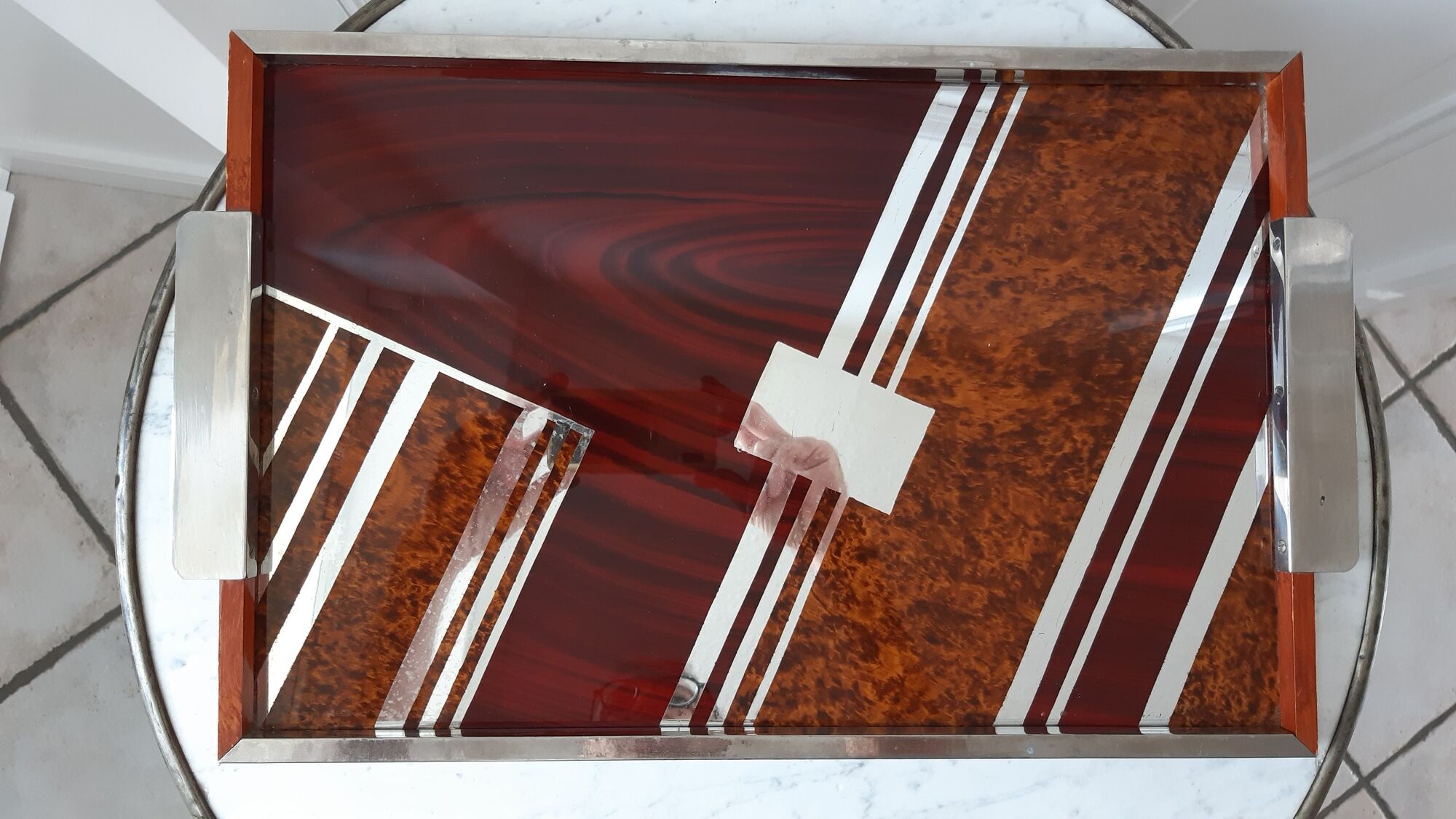 Art deco tray in wood, steel, chrome, glass and mirror 30s-40s