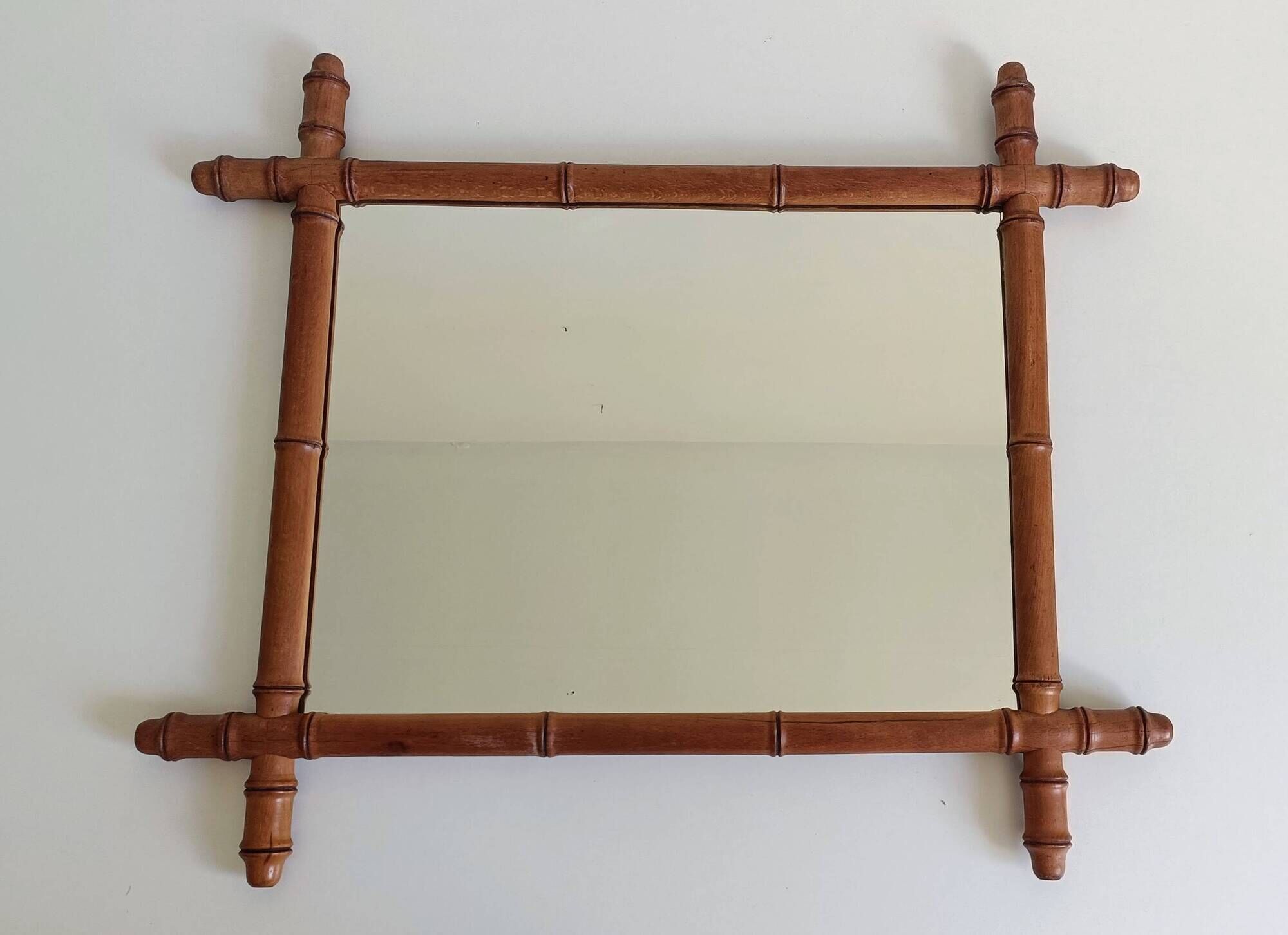 Art Nouveau Faux Bamboo Mirror, 65cm / 25.8", Handmade, Wood, C. 1900