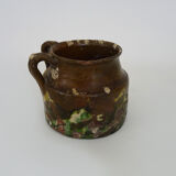 Glazed terracotta pottery with 2 handles brown yellow green. italian pottery. year 50