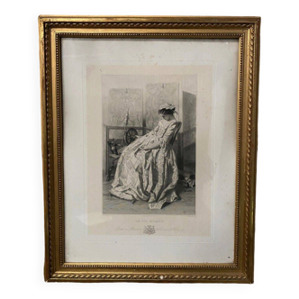 19th century engraving Le Fil Rompu by Widal pinx G. de Montaut sc. golden frame