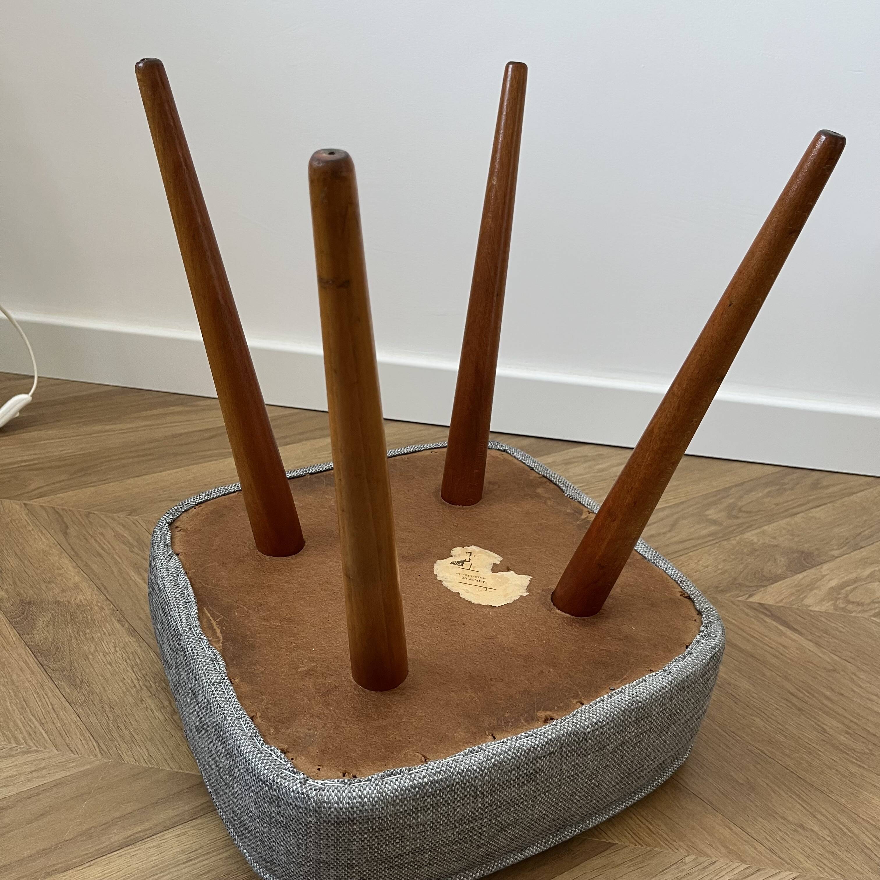 Vintage Footstool: Mid Century Modern Grey Fabric and Wood Legs