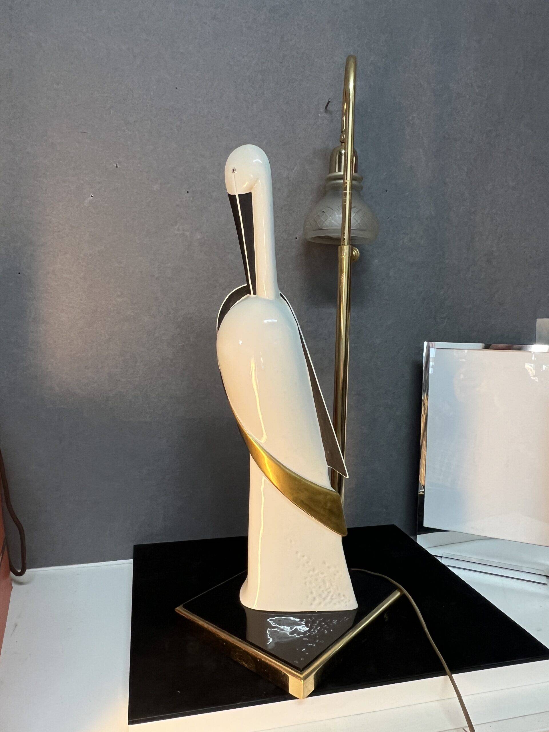 Beautiful Italian porcelain lamp from Florence, by Campostrini & Trallori, in the shape of a stork