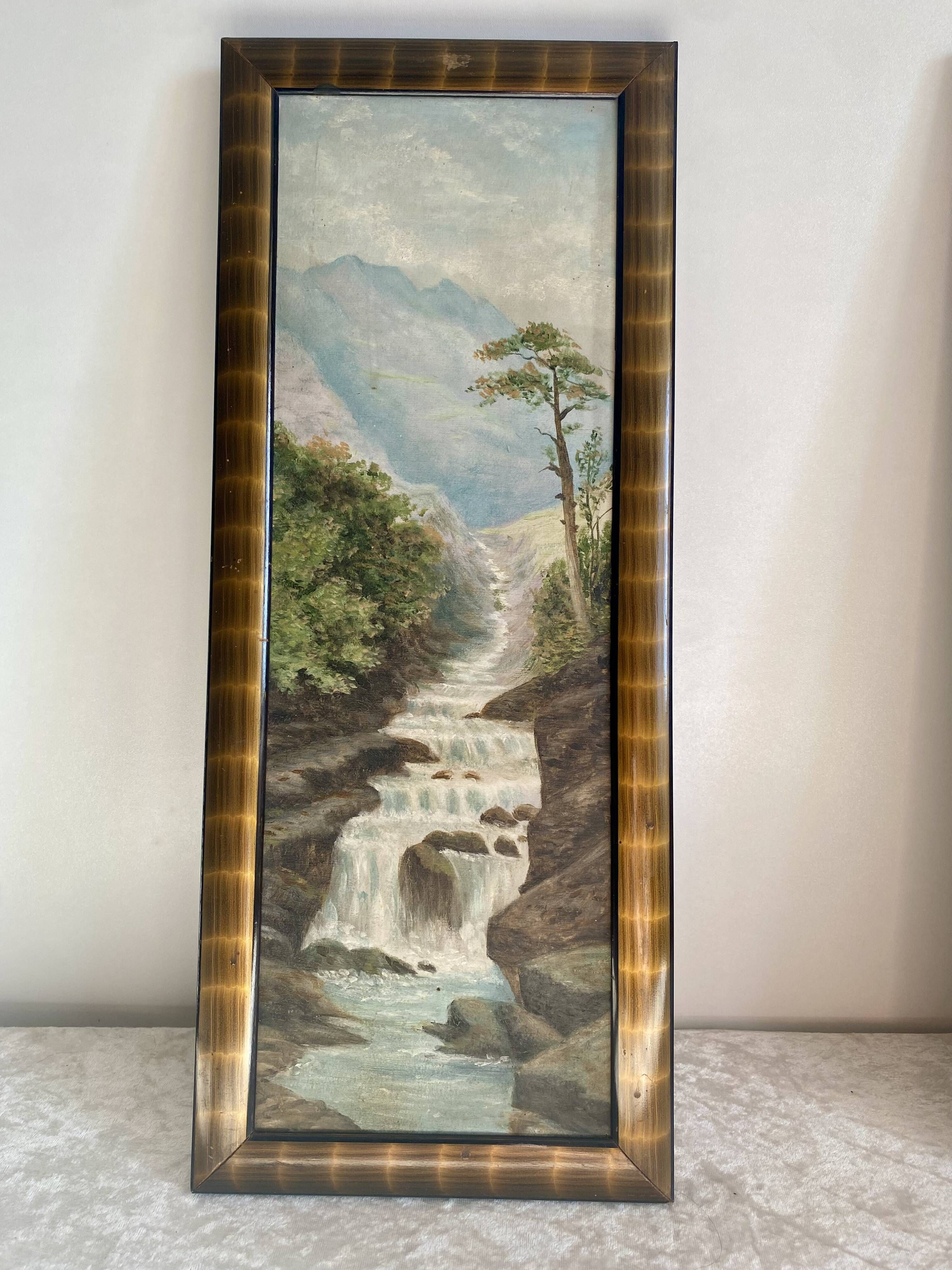 Pair of antique paintings. Romantic landscape diptychs.