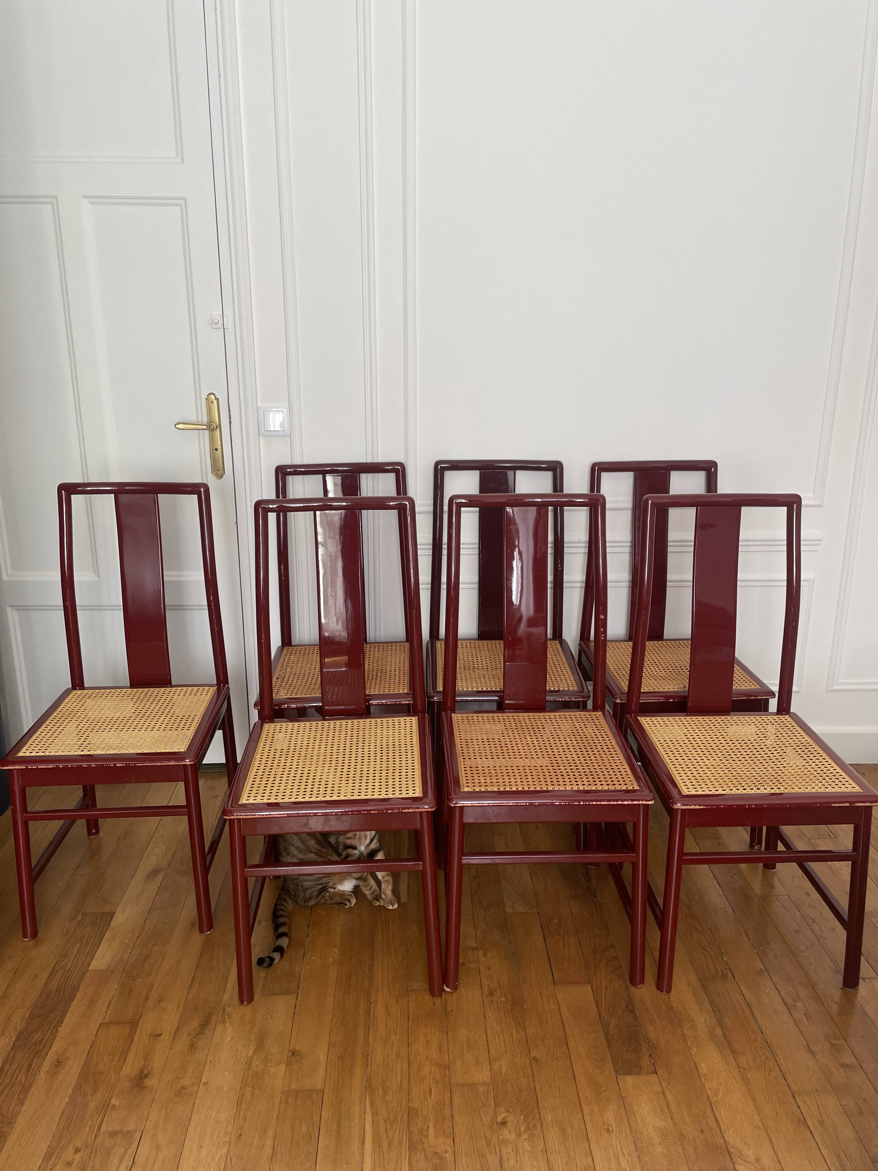 Set of 7 lacquered and caned chairs 1980 MONTINA SPA Italy