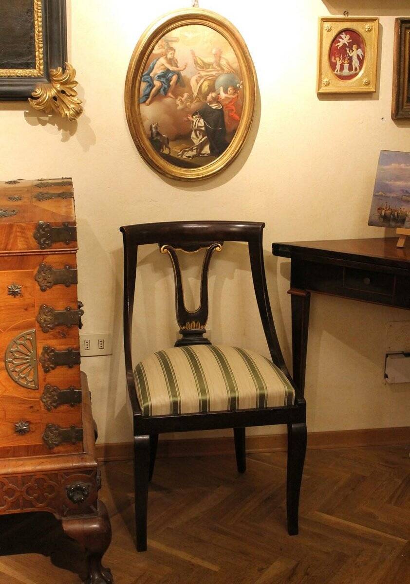 18th Century French Directoire Mahogany Chairs with Silk Blend Upholster Fabric, Set of 4