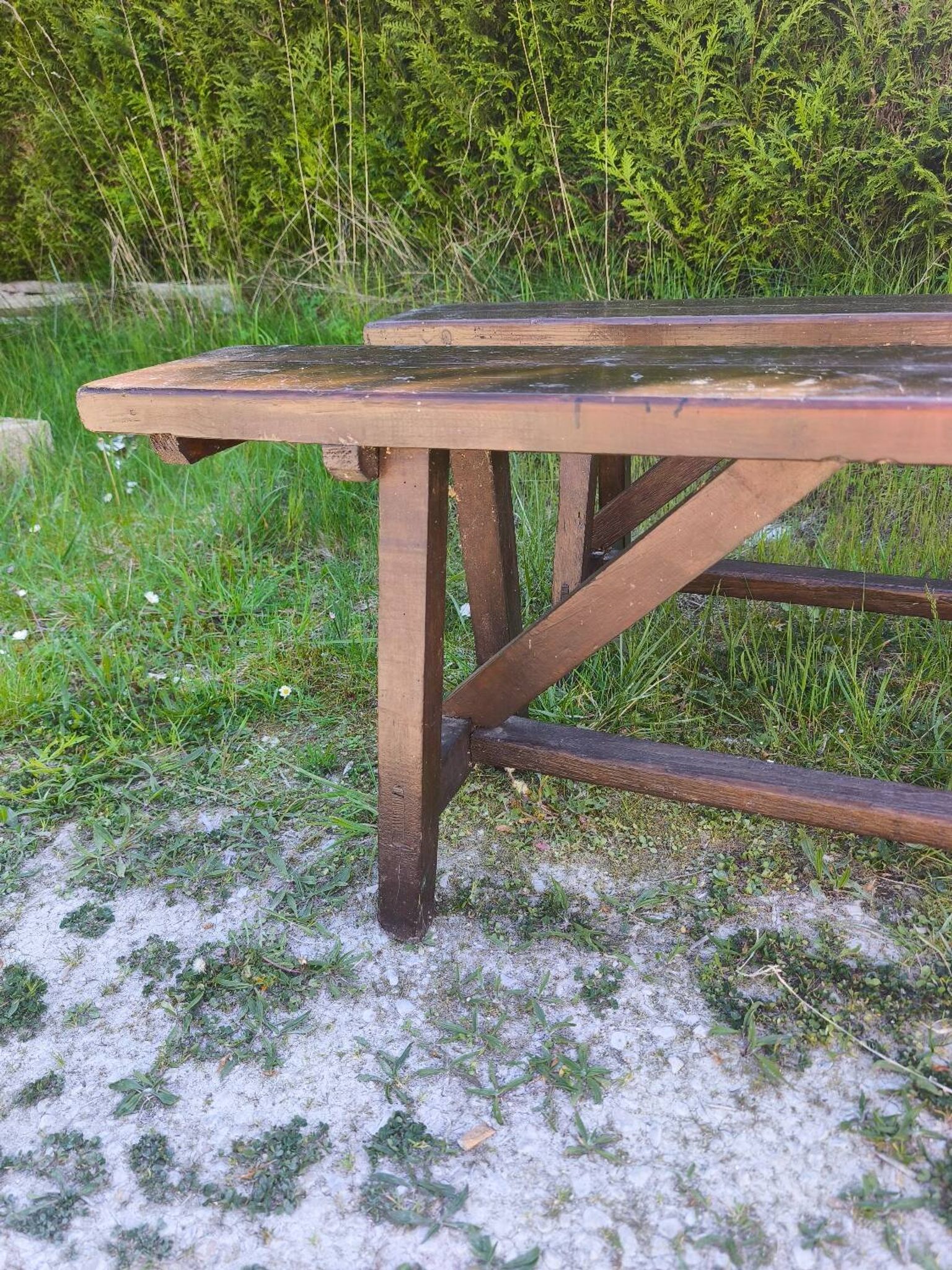 Pair of rustic antique long benches in solid wood – 195 cm