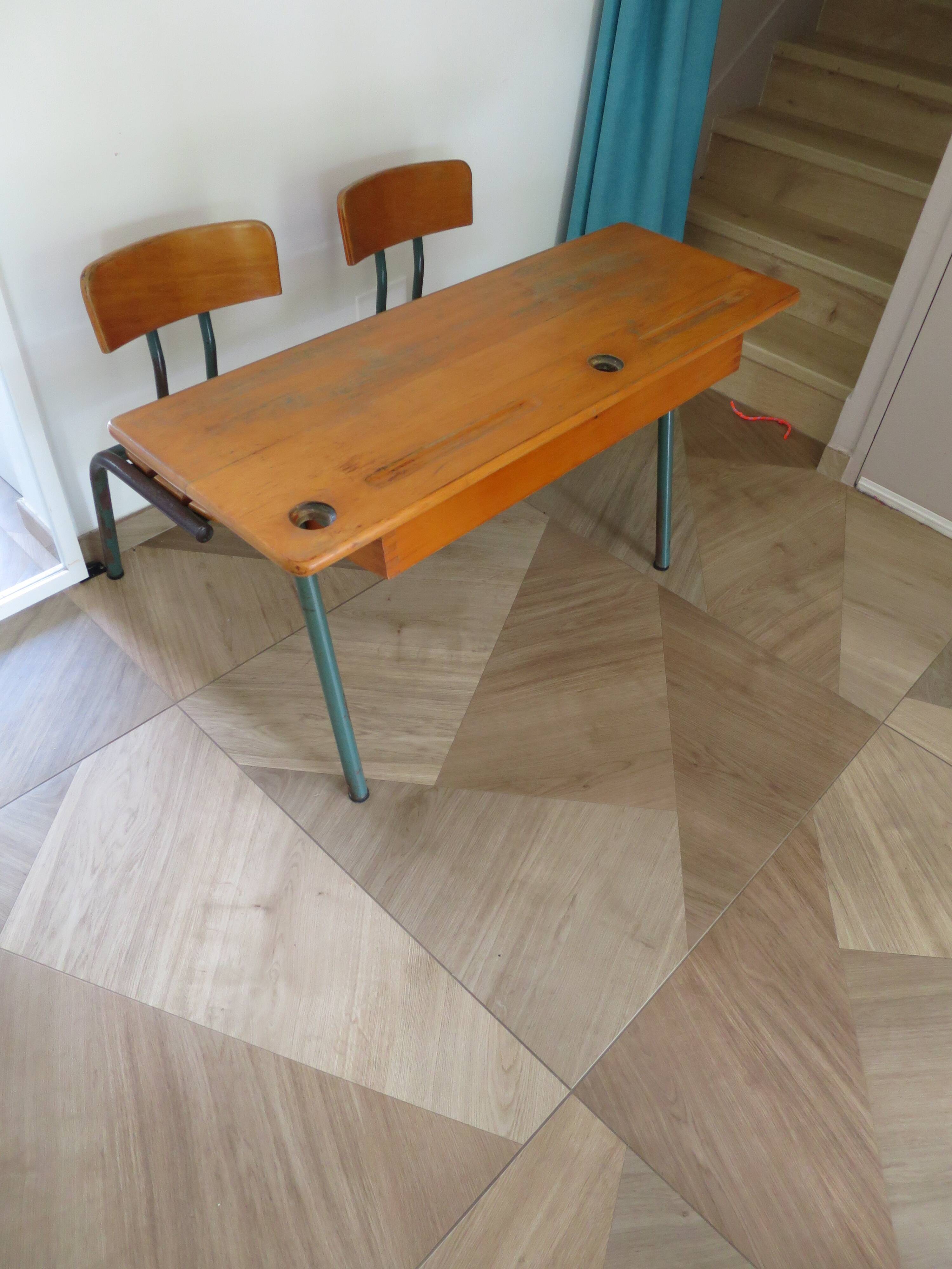 Bureau d’écolier vintage en bois et métal - Bureau double