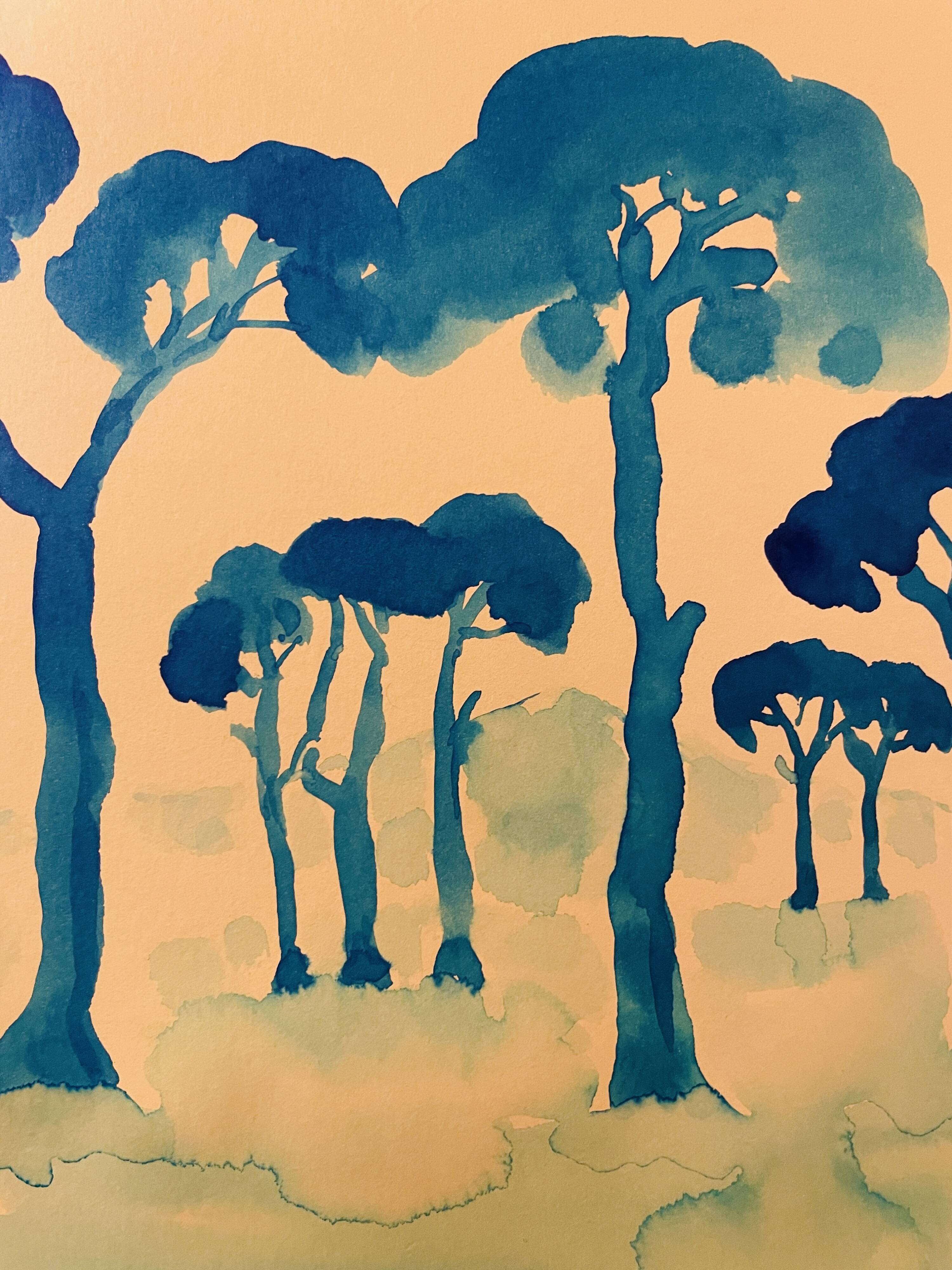 Tableau signé aquarelle coucher de soleil sur le Mont Ventoux Provence