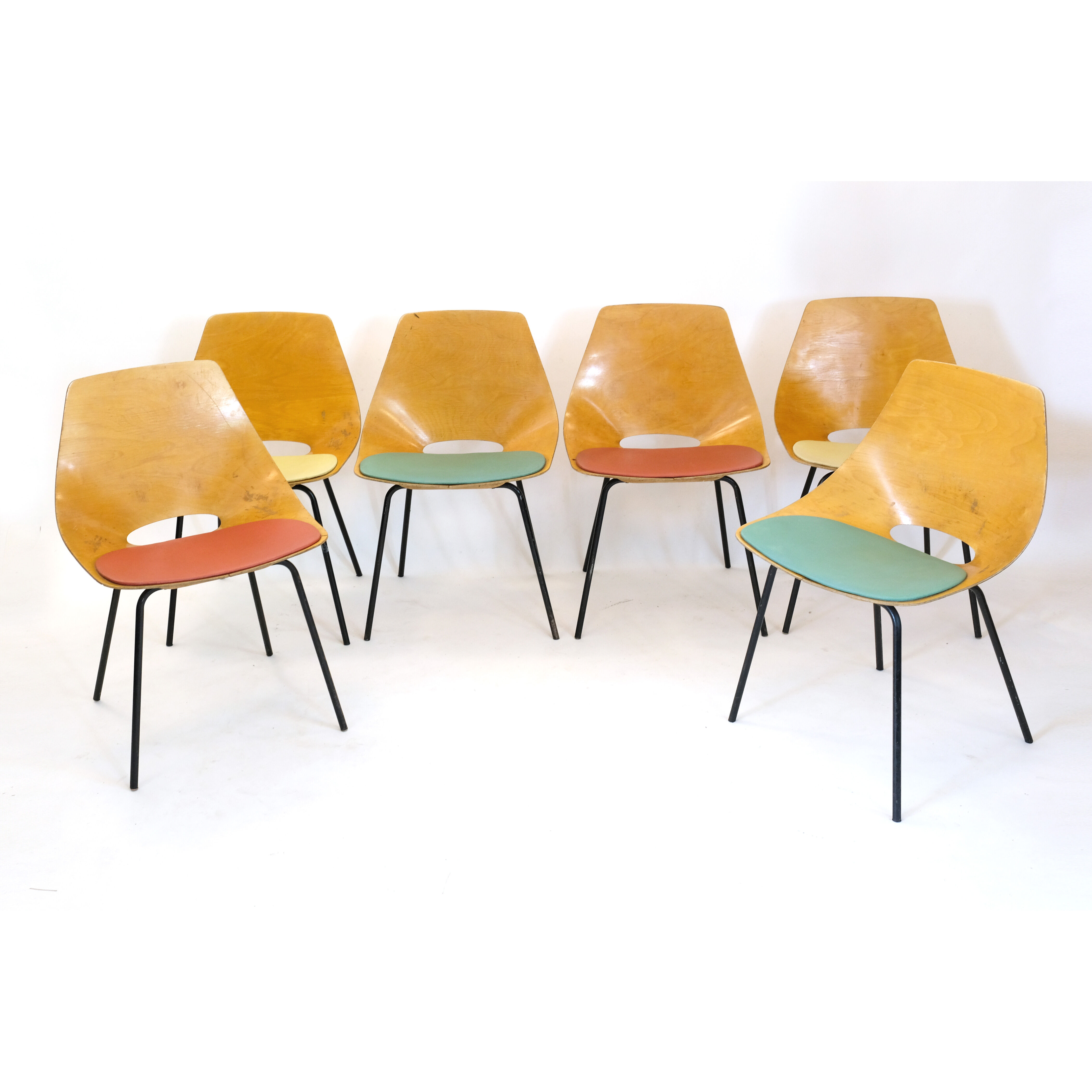 Pierre Guariche set of 6 Tonneau chairs, Steiner, 1960.