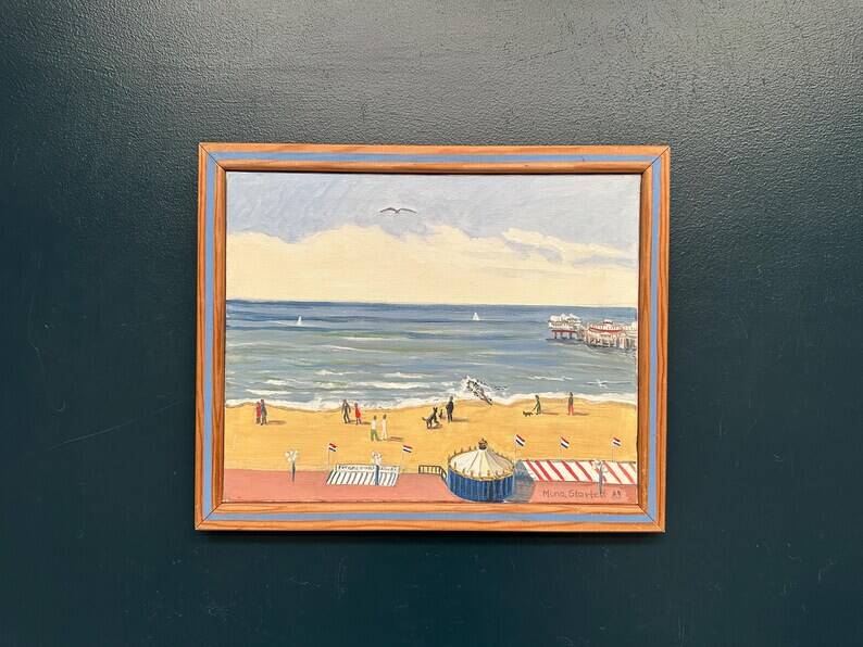 Original Swedish Oil on Canvas – "Day at the Beach" by Mona Starfelt – Signed – Dated 1989 – Framed