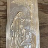 Mother-of-pearl carved plaque, two young girls bathing