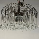 Pair of large chandeliers adorned with glass drops, chrome metal structures, Italy circa 1960.
