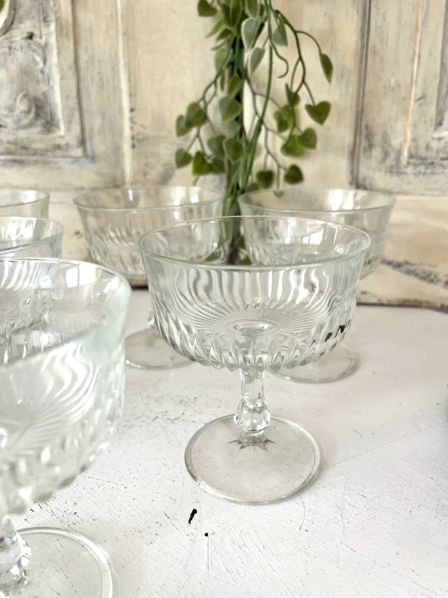 Coupe Glasses – French Set of 6 Pressed Glass Sunburst Cocktail Desser