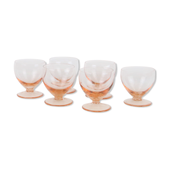 Set de 6 verres à pied en cristal rose, vintage, 1950, mid century