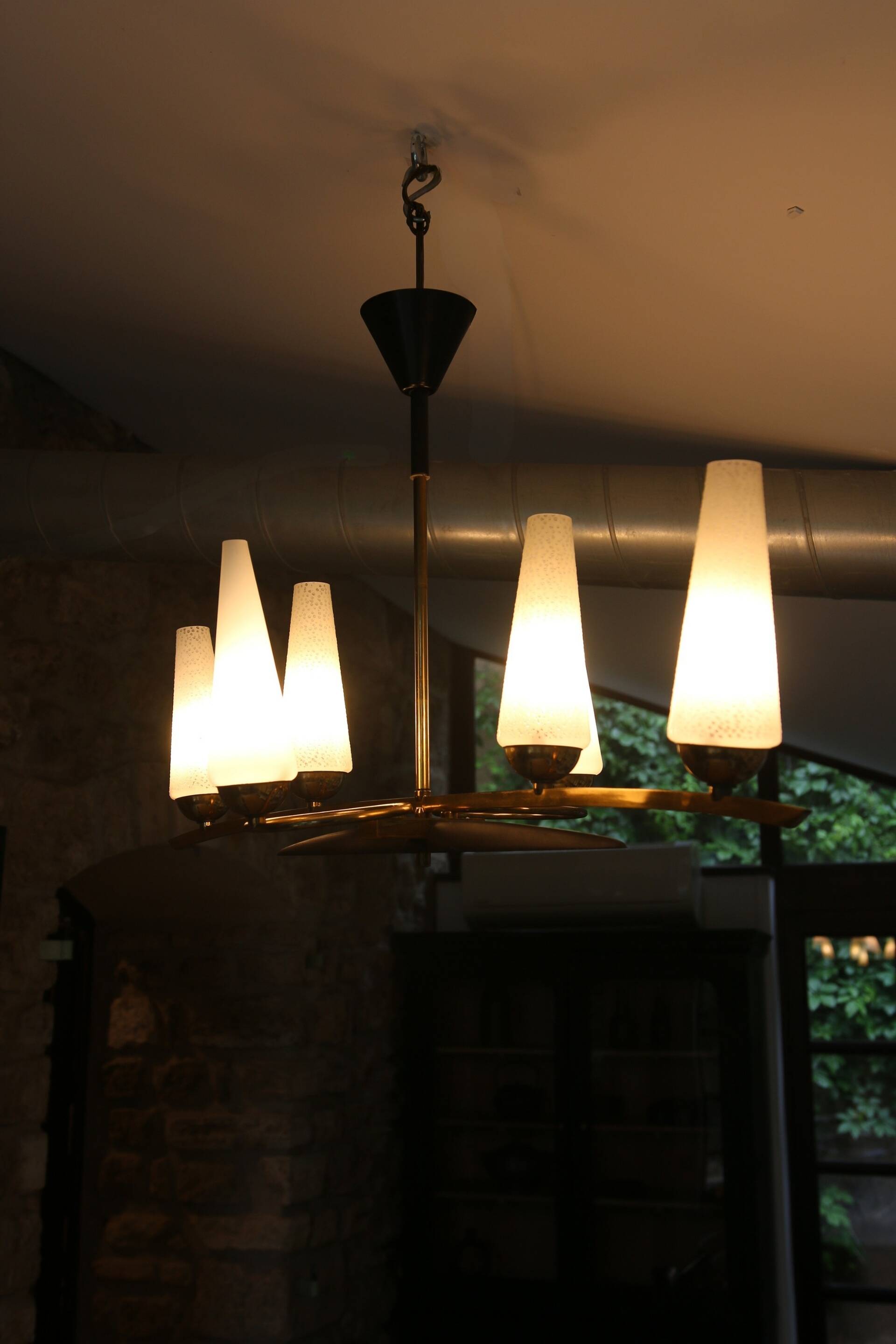 Mid-Century 6-Light Chandelier - Opaline and Brass