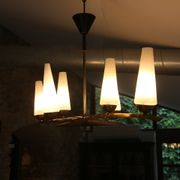 Lustre 6 feux Mid-Century - Opaline et laiton - Style Lunel - Arlus