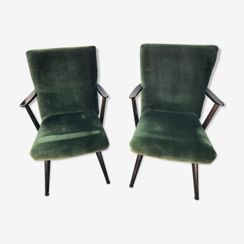 Pair of armchairs wood and velvet green vintage 60s