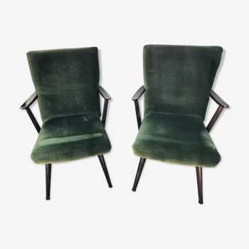 Paire de fauteuils bois et velours vert vintage années 60