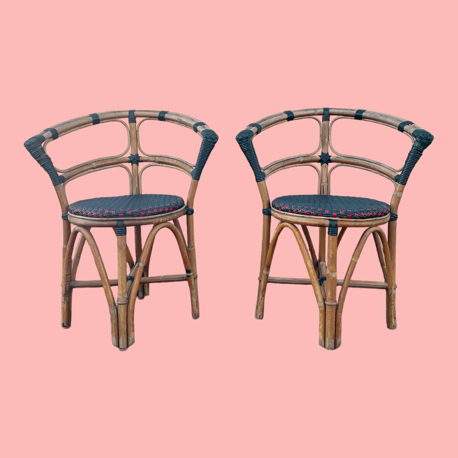 Pair of bistro chairs in bamboo and two-tone weaving